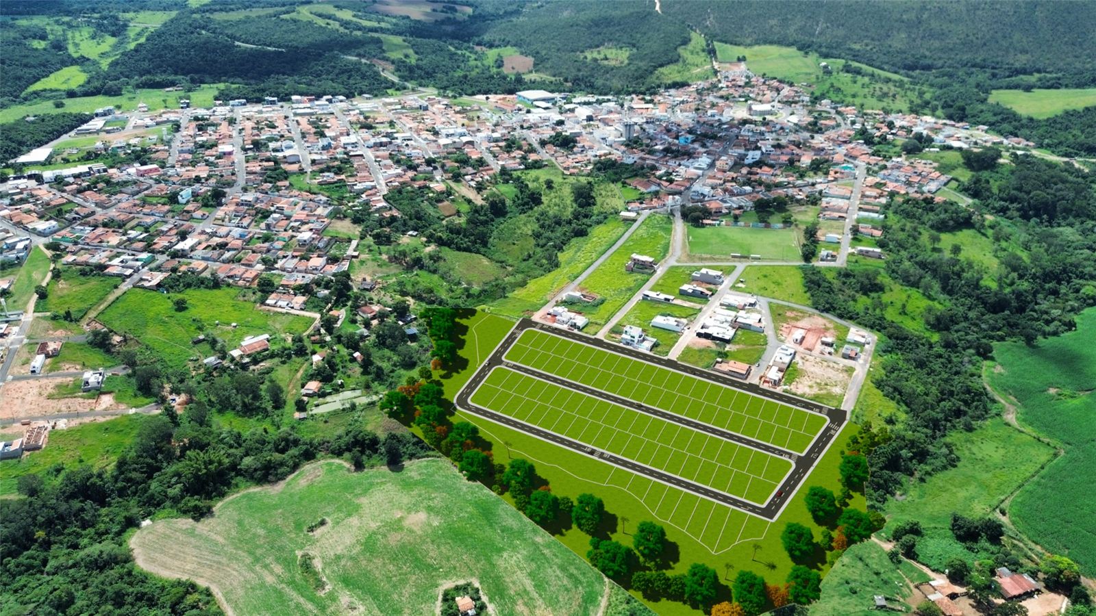 Loteamento projetado pela ENGENASC, em 3D sobre a foto aérea da cidade